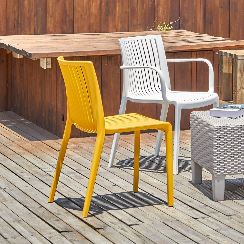 Set of Two White Heavy Duty Plastic Outdoor Stacking Accent Chairs