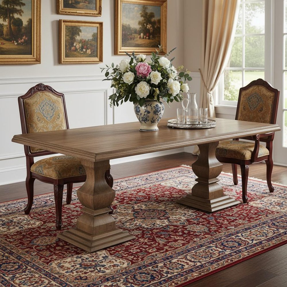 96" Brown Solid Wood Double Pedestal Base Dining Table