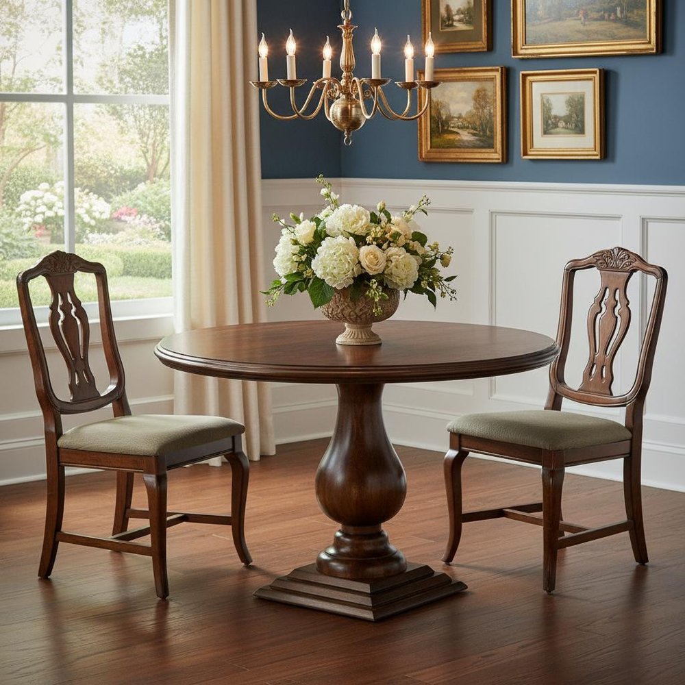 48" Brown Solid Wood Pedestal Base Round Top Dining Table