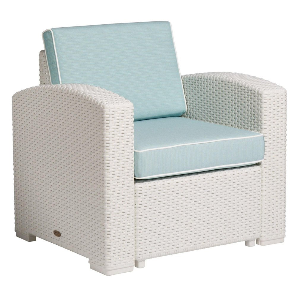 33" White Heavy Duty Plastic Outdoor Club Chair With Aqua Blue Cushion