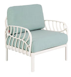 31" White Heavy Duty Plastic Outdoor Armchair With Sea Green Cushion