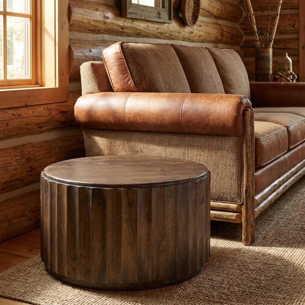 36" Brown Solid Wood Round Drum Coffee Table