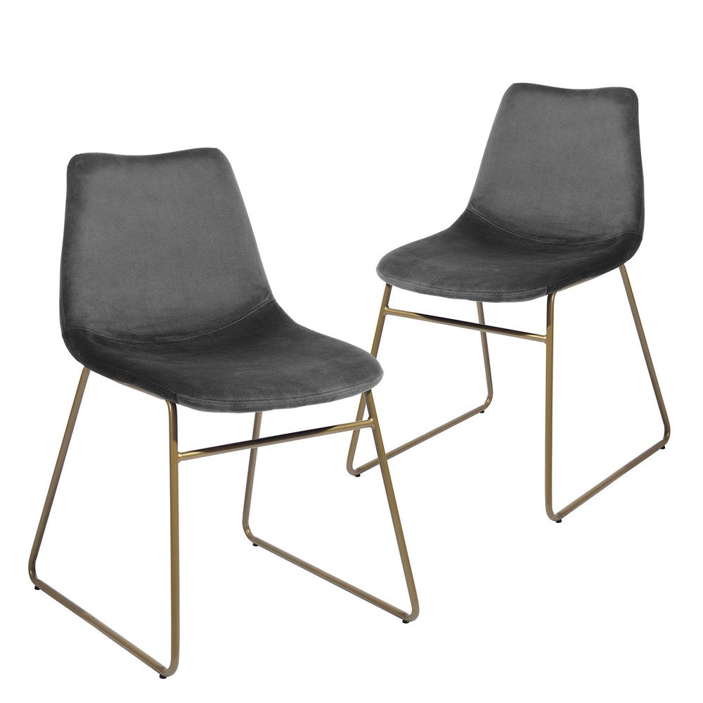Set of Two Dark Green and Gold Velvet and Metal Dining Side Chairs
