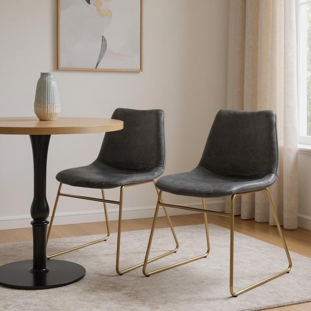 Set of Two Dark Green and Gold Velvet and Metal Dining Side Chairs