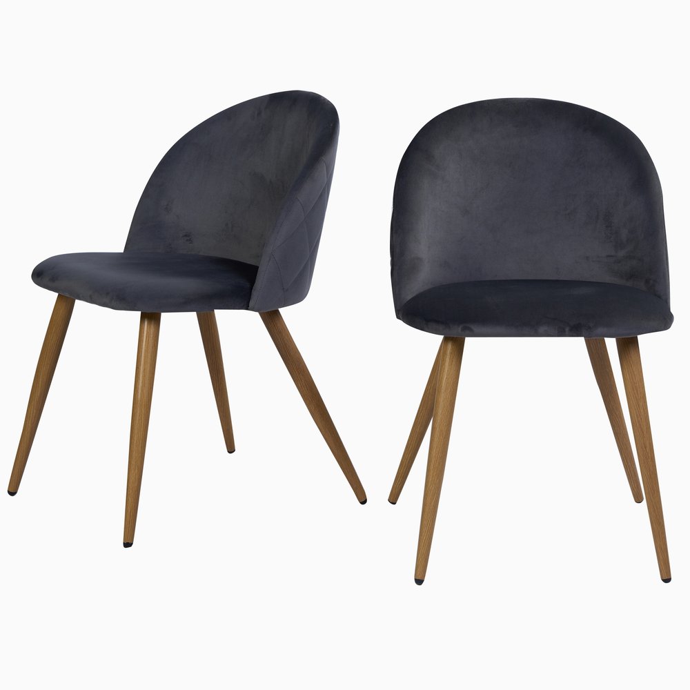 Set of Two Charcoal and Brown Upholstered Velvet Dining Side Chairs