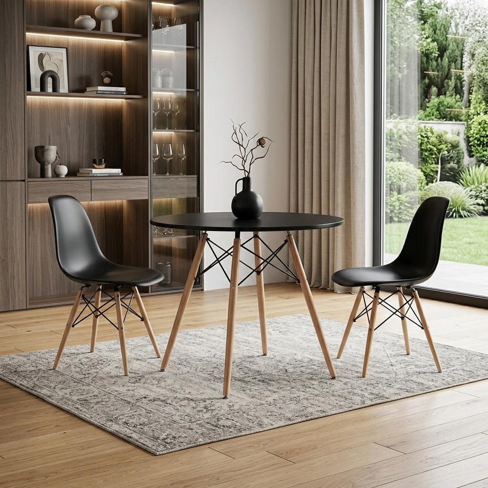 32" Black and Natural Wood Round Top Dining Table
