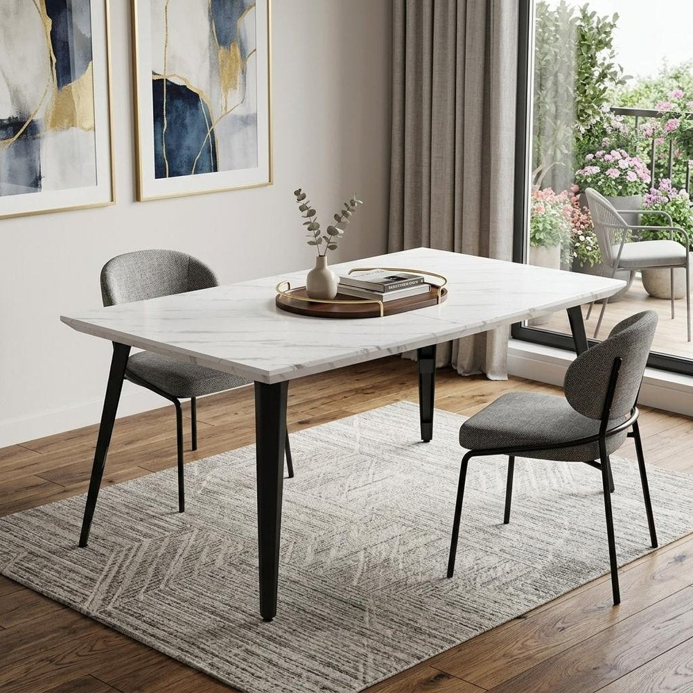 63" White and Black Faux Marble and Metal Dining Table