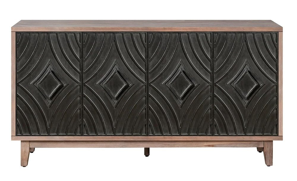 60" Charcoal and Brown Distressed Wood Sideboard with Four Doors
