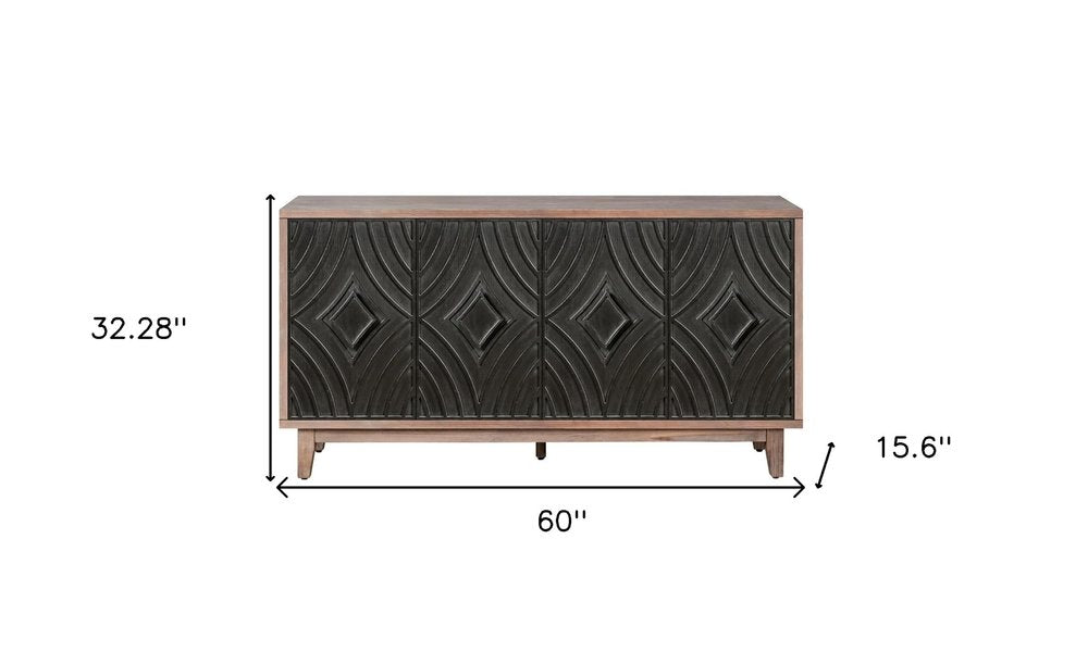60" Charcoal and Brown Distressed Wood Sideboard with Four Doors