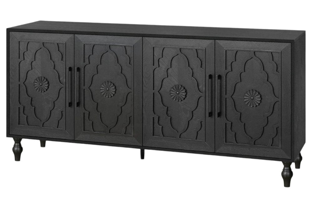 68" Natural Distressed Carved Geometric Sideboard with Four Doors
