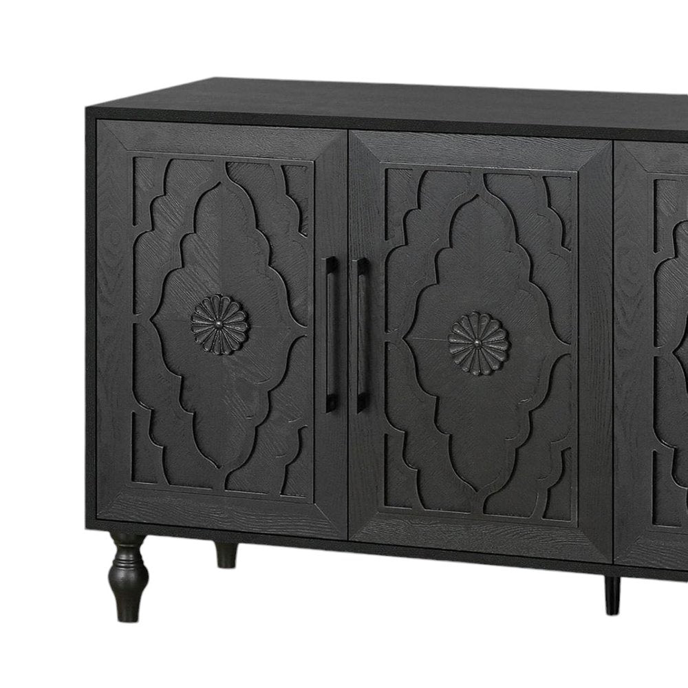 68" Natural Distressed Carved Geometric Sideboard with Four Doors