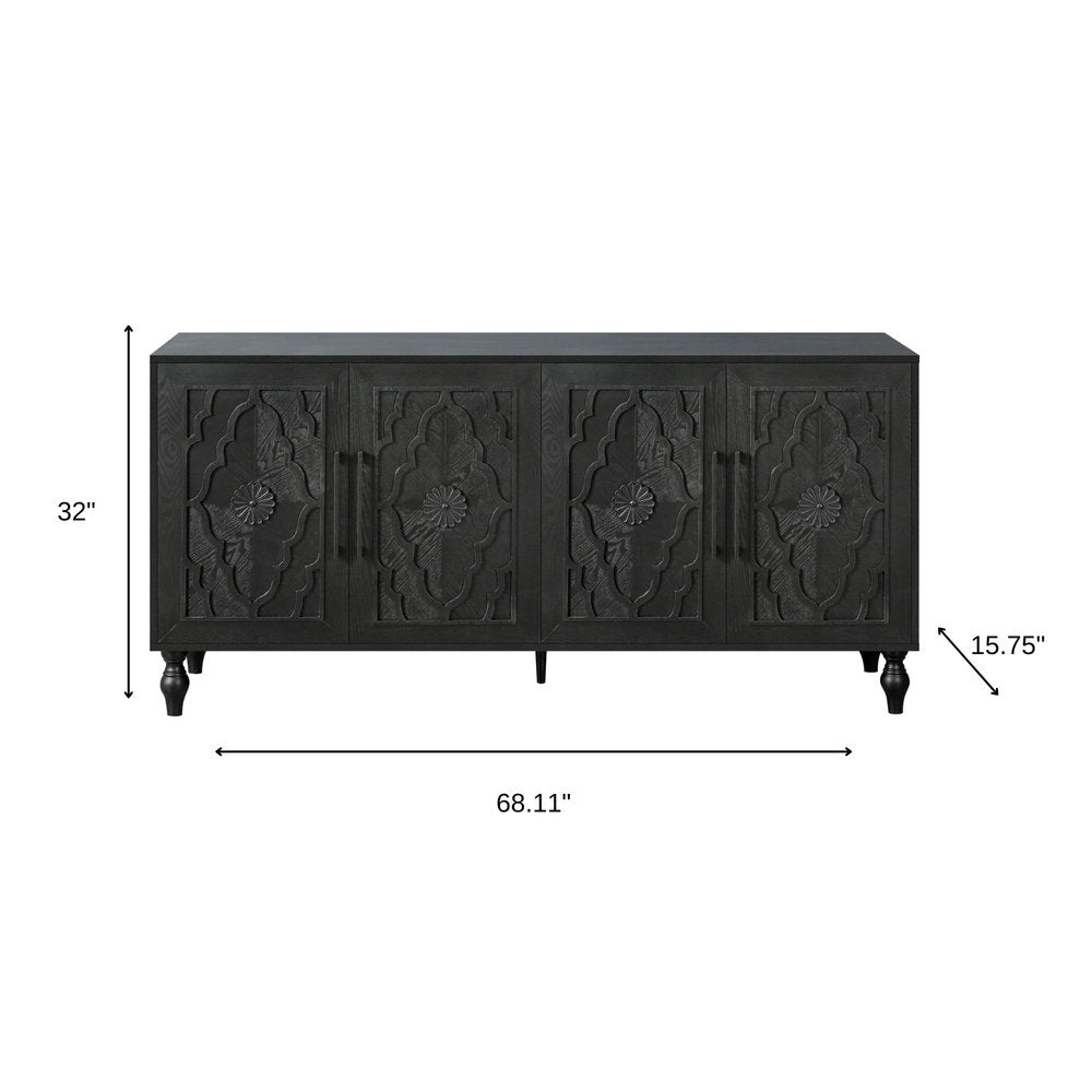 68" Natural Distressed Carved Geometric Sideboard with Four Doors