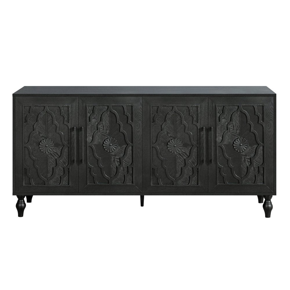 68" Natural Distressed Carved Geometric Sideboard with Four Doors