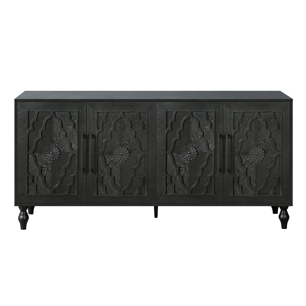 68" Natural Distressed Carved Geometric Sideboard with Four Doors