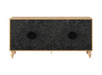 68" Natural and Black Distressed Carved Floral Sideboard with Four Doors