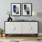 68" Black and White Distressed Carved Floral Sideboard with Four Doors