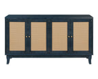 60" Blue Wood And Rattan Distressed Sideboard with Four Doors