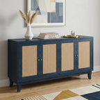 60" Blue Wood And Rattan Distressed Sideboard with Four Doors