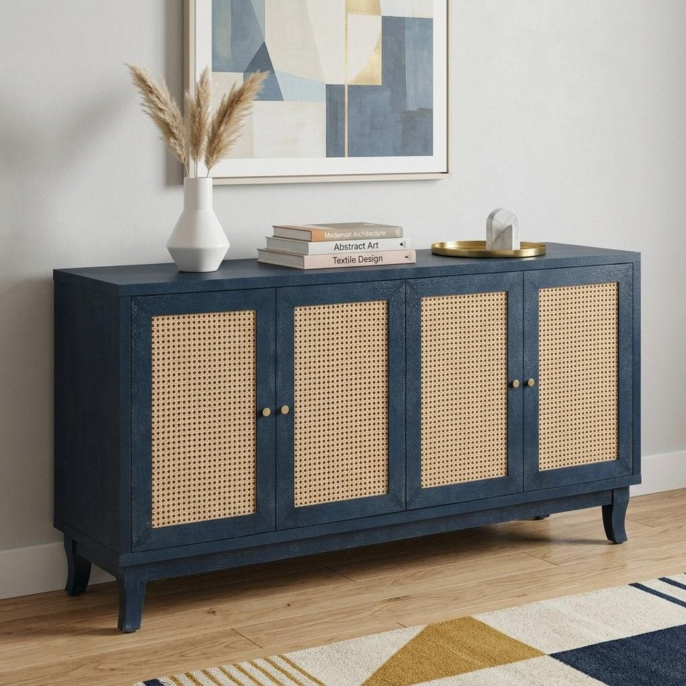 60" Blue Wood And Rattan Distressed Sideboard with Four Doors