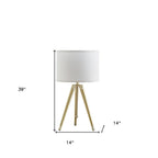Gold Metal Adjustable Height Tripod Table Lamp With White Drum Shade