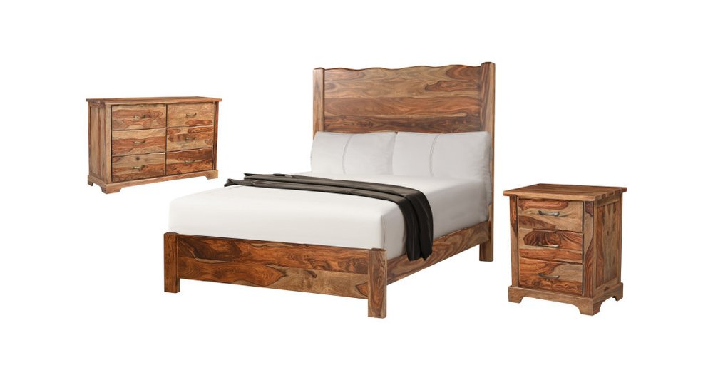 Three Piece Brown Solid Wood Bedroom Set