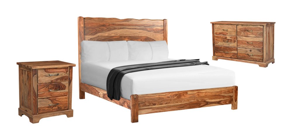 Three Piece Brown Solid Wood Bedroom Set