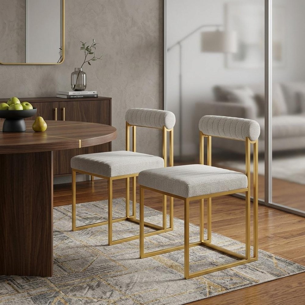 Set of Two Gray And Gold Upholstered Polyester Open Back Dining Side Chairs