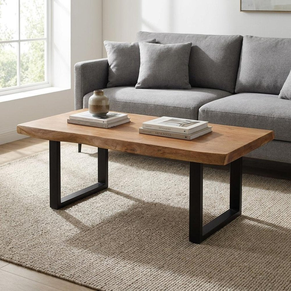 70" Natural And Black Solid Wood And Iron Live Edge Coffee Table
