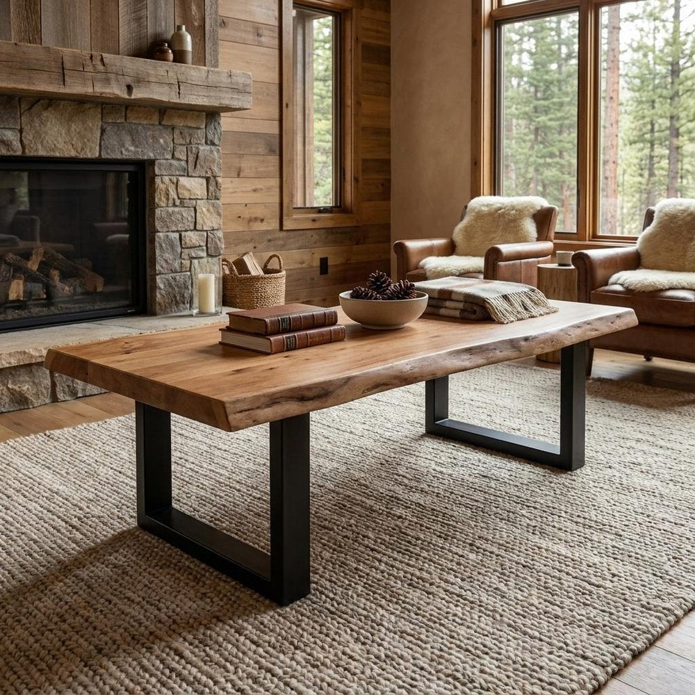 70" Natural And Black Solid Wood And Iron Live Edge Coffee Table