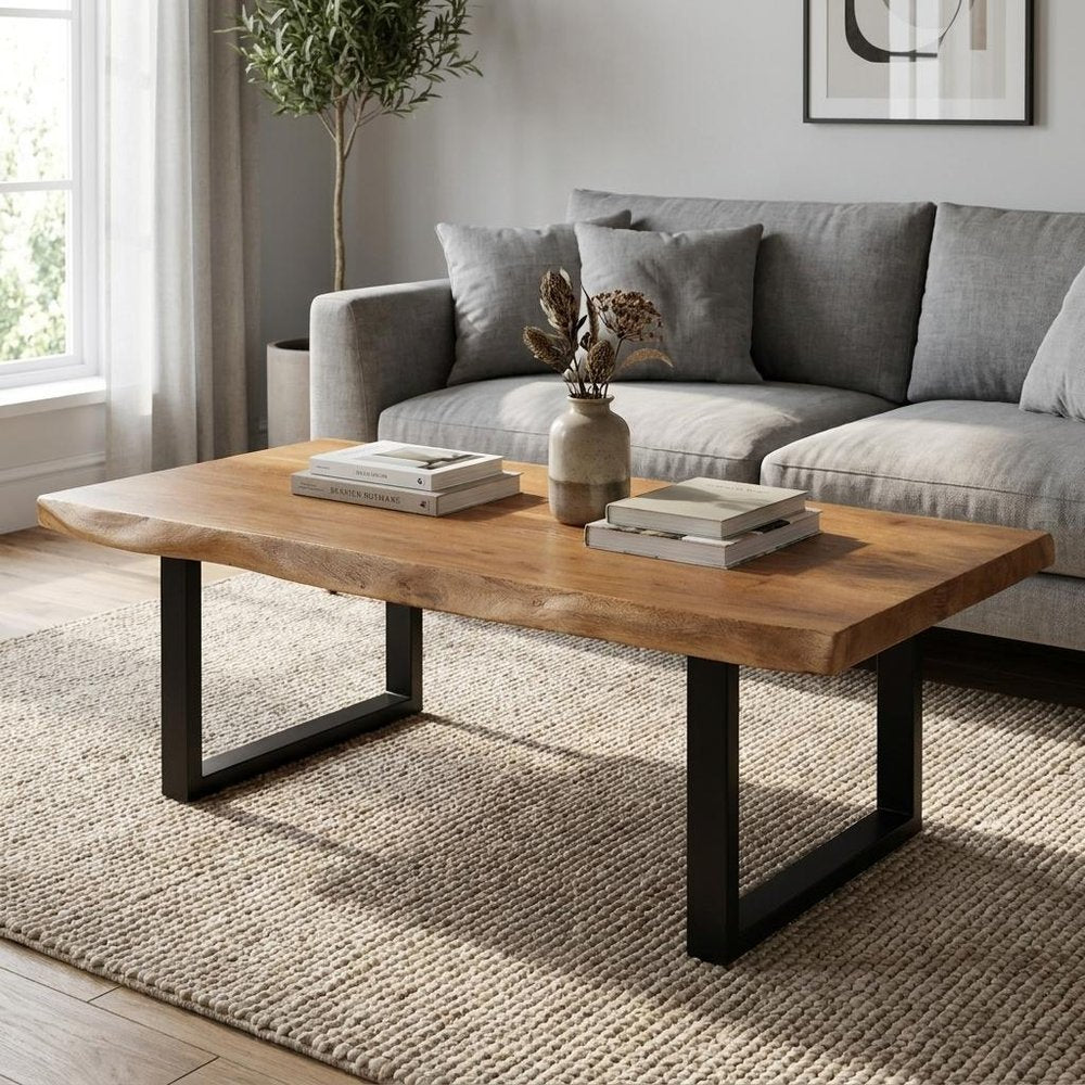 59" Natural And Black Solid Wood And Iron Live Edge Coffee Table