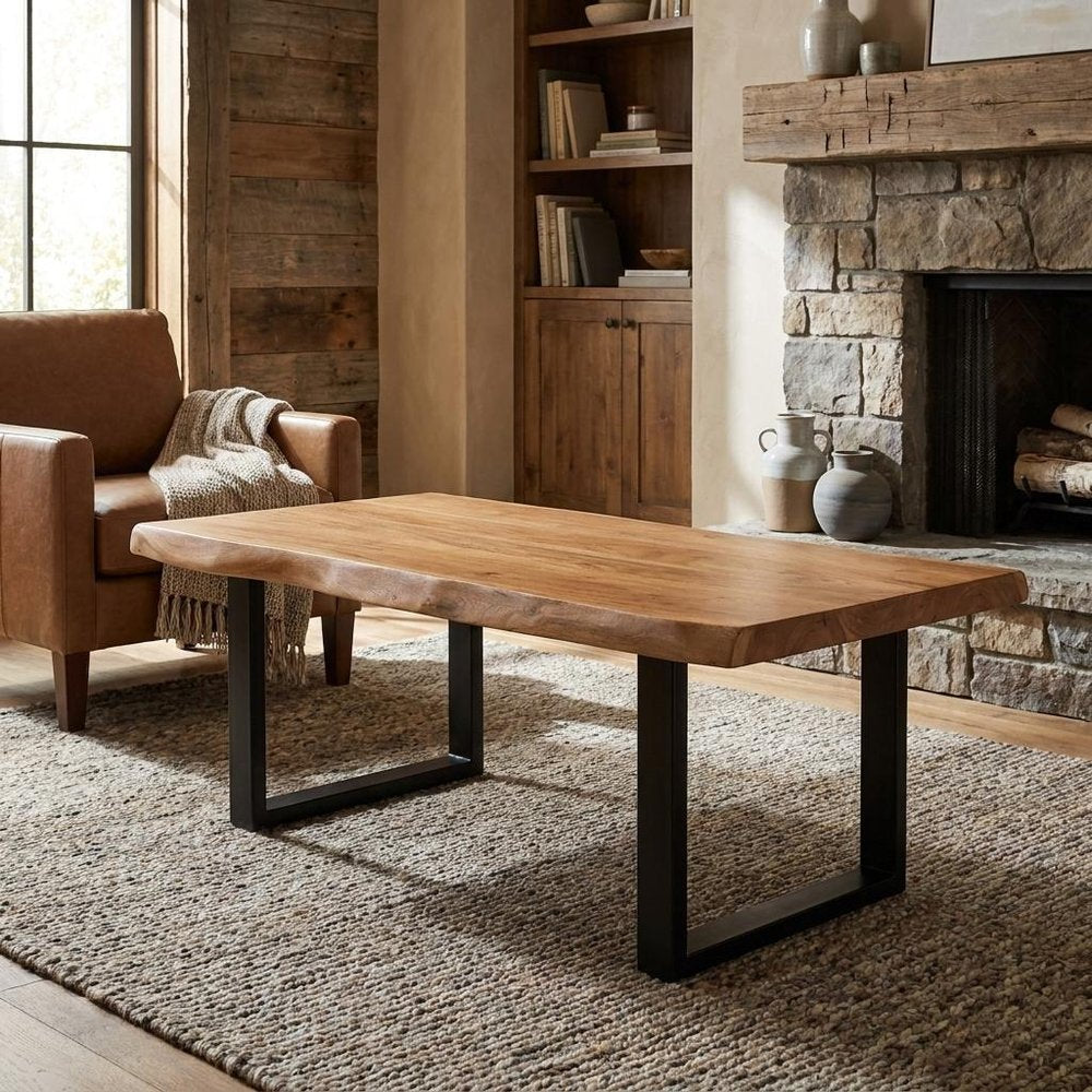 59" Natural And Black Solid Wood And Iron Live Edge Coffee Table