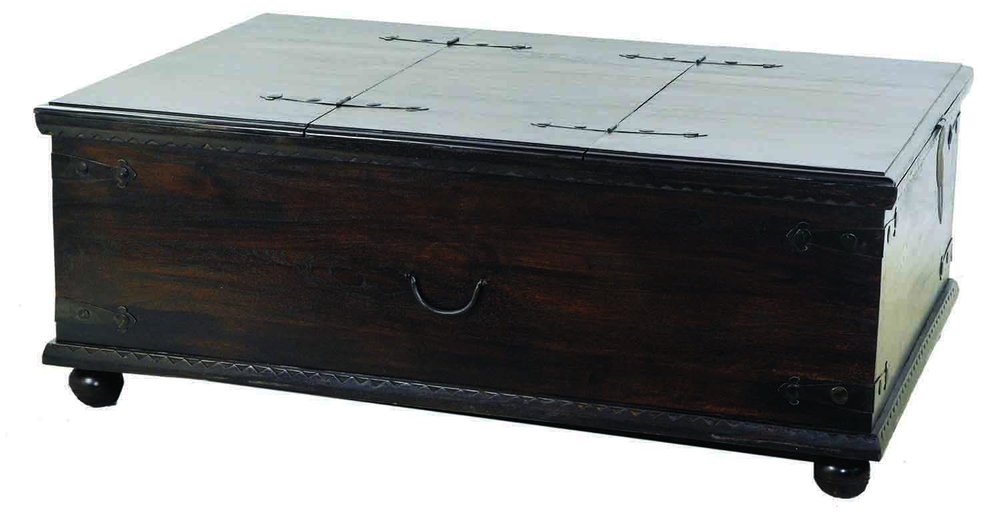54" Dark Brown Solid Wood Distressed Lift Top Trunk Coffee Table