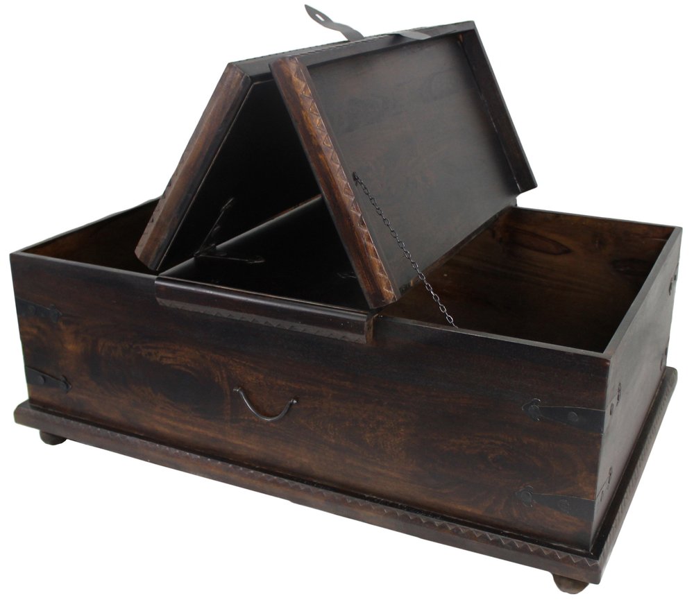54" Dark Brown Solid Wood Distressed Lift Top Trunk Coffee Table