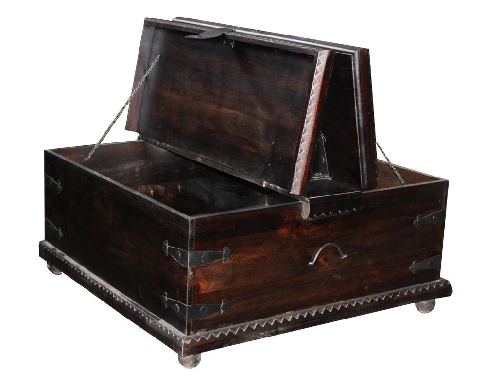 54" Dark Brown Solid Wood Distressed Lift Top Trunk Coffee Table