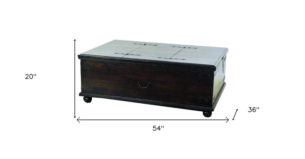 54" Dark Brown Solid Wood Distressed Lift Top Trunk Coffee Table