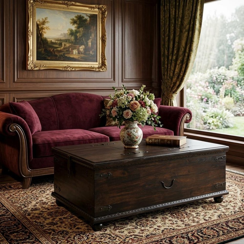 54" Dark Brown Solid Wood Distressed Lift Top Trunk Coffee Table