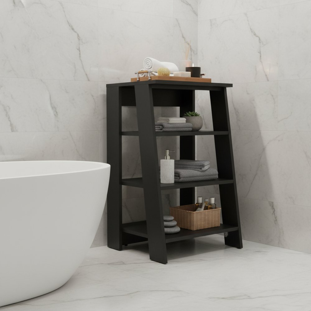 17" Black Wood Freestanding Bathroom Shelf