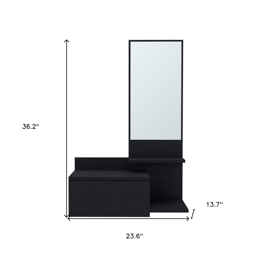 36" Black Wood Wall Mounted Accent Cabinet With Drawer And Mirror