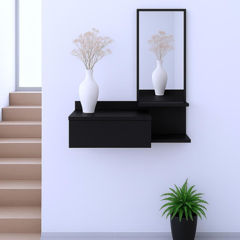 36" Black Wood Wall Mounted Accent Cabinet With Drawer And Mirror