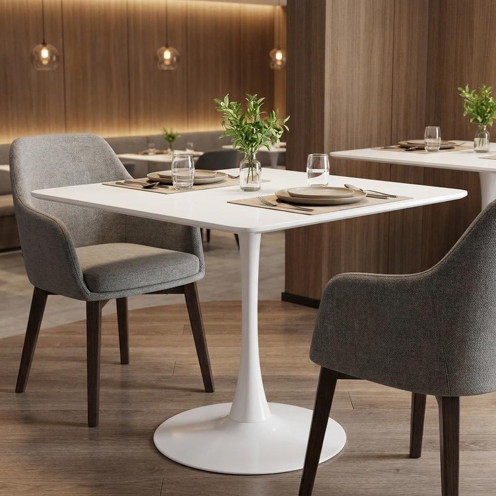 36" White Wood and Steel Pedestal Base Square Dining Table