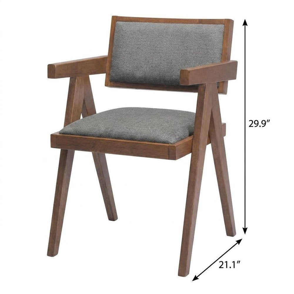 Set of Two Gray And Walnut Upholstery And Solid Wood Open Back Dining Arm Chairs