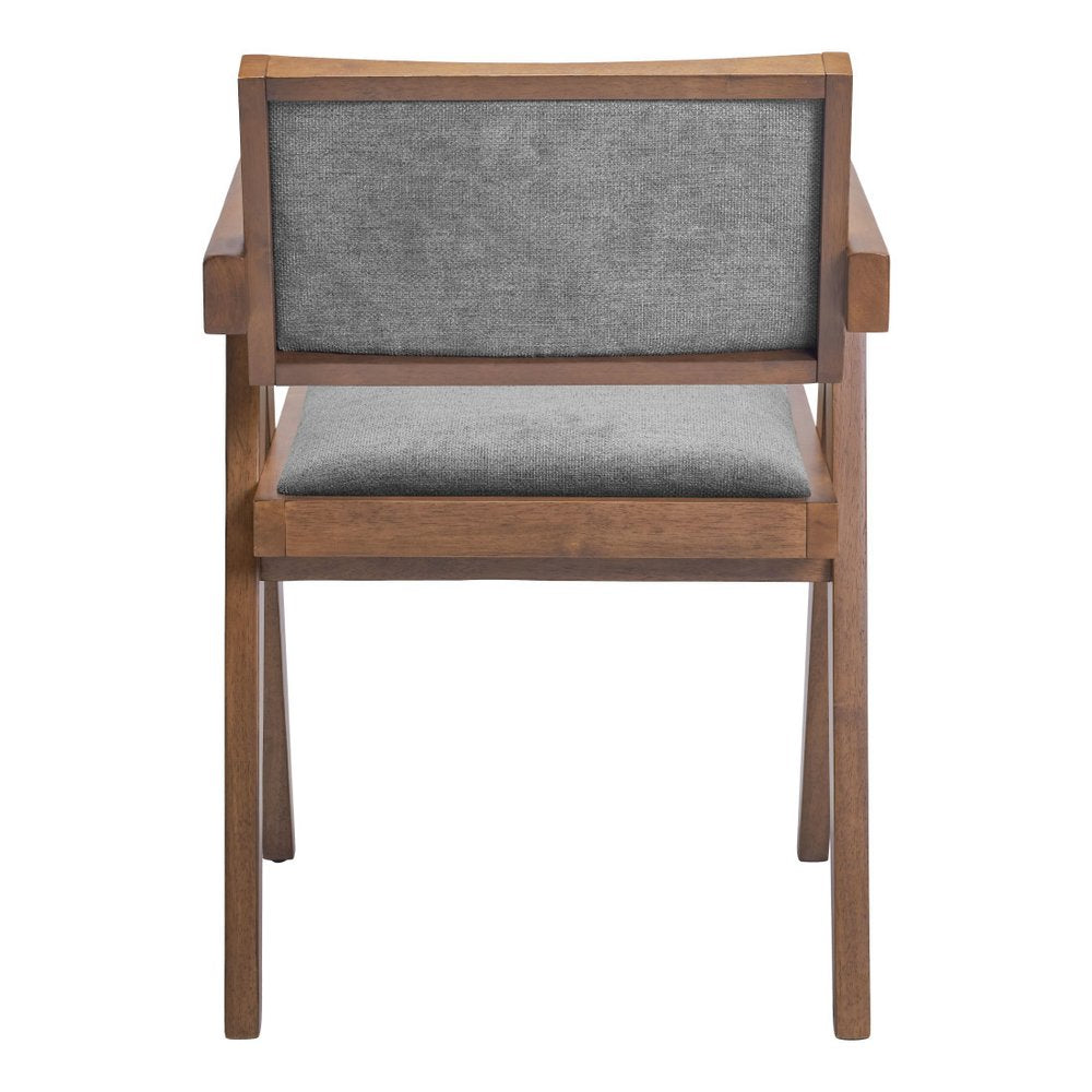 Set of Two Gray And Walnut Upholstery And Solid Wood Open Back Dining Arm Chairs
