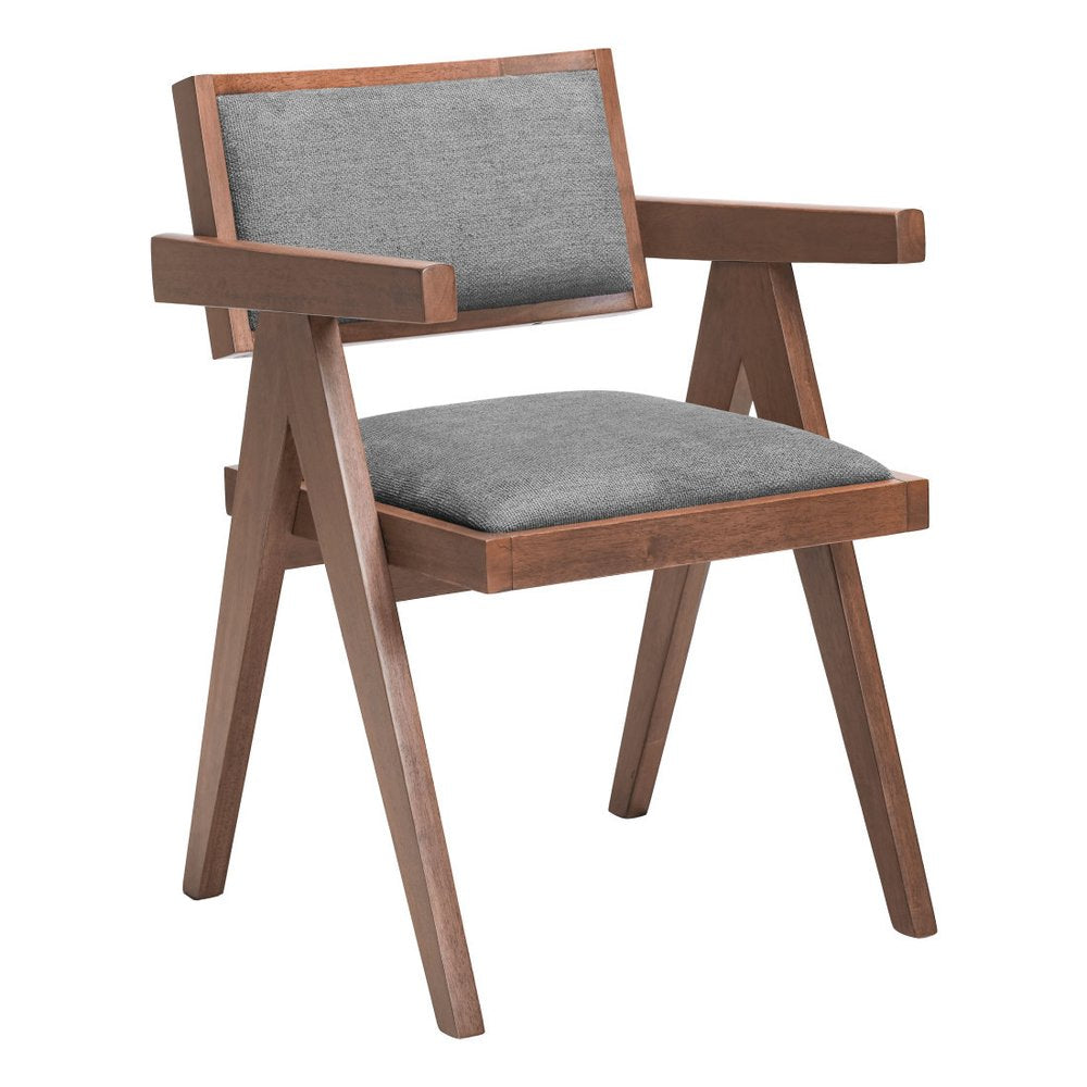 Set of Two Gray And Walnut Upholstery And Solid Wood Open Back Dining Arm Chairs