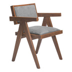 Set of Two Gray And Walnut Upholstery And Solid Wood Open Back Dining Arm Chairs