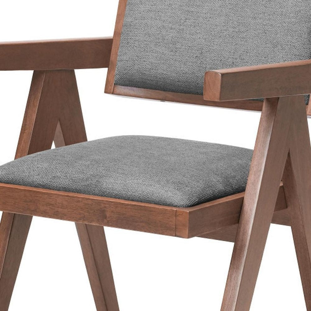 Set of Two Gray And Walnut Upholstery And Solid Wood Open Back Dining Arm Chairs