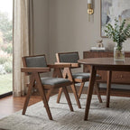 Set of Two Gray And Walnut Upholstery And Solid Wood Open Back Dining Arm Chairs