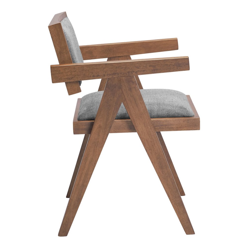 Set of Two Gray And Walnut Upholstery And Solid Wood Open Back Dining Arm Chairs