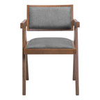 Set of Two Gray And Walnut Upholstery And Solid Wood Open Back Dining Arm Chairs