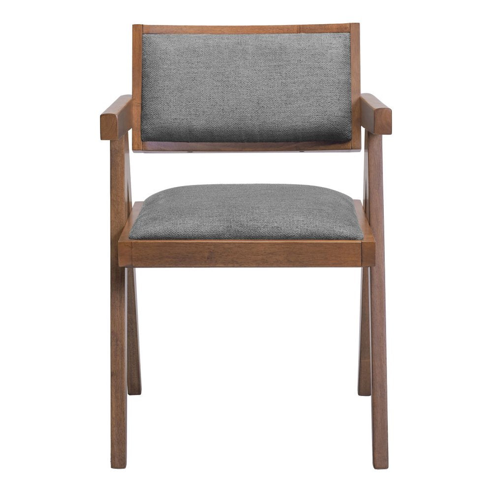 Set of Two Gray And Walnut Upholstery And Solid Wood Open Back Dining Arm Chairs