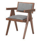 Set of Two Gray And Walnut Upholstery And Solid Wood Open Back Dining Arm Chairs